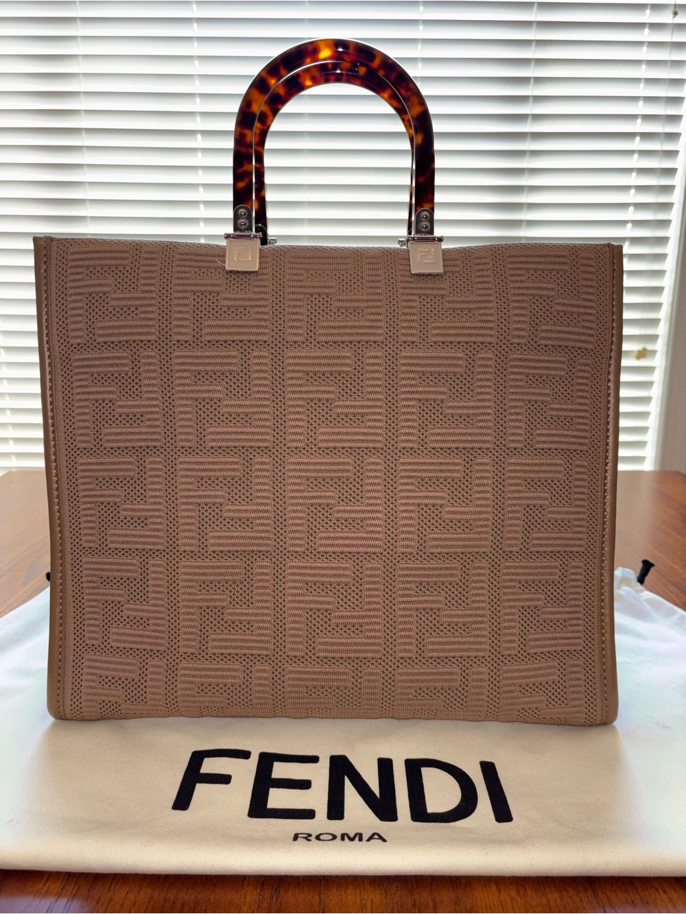 Fendi Taupe Perforated FF Tote with Tortoiseshell Handles